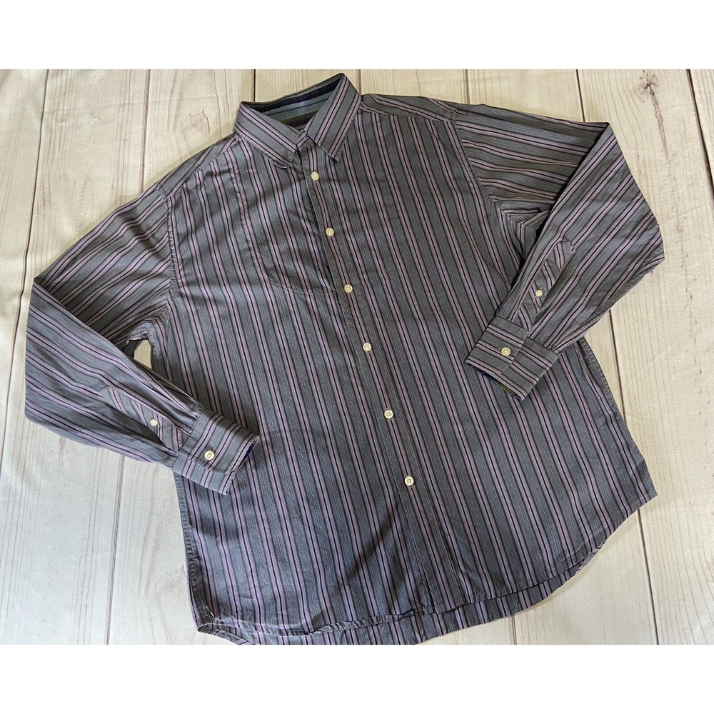 Robert Graham Button Down Embroidered Long Sleeve Shirt Men's L Purple Stripe